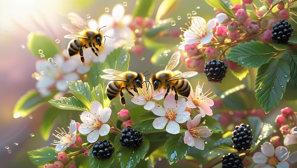 Bees pollinating blackberry blossoms