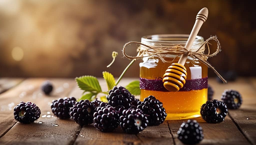 Blackberry honey jar with fresh blackberries