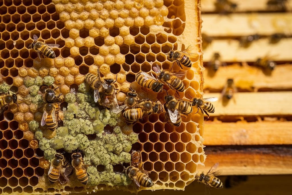 Edible Blue-Green Algae Honeybees feeding on blue-green algae supplement.